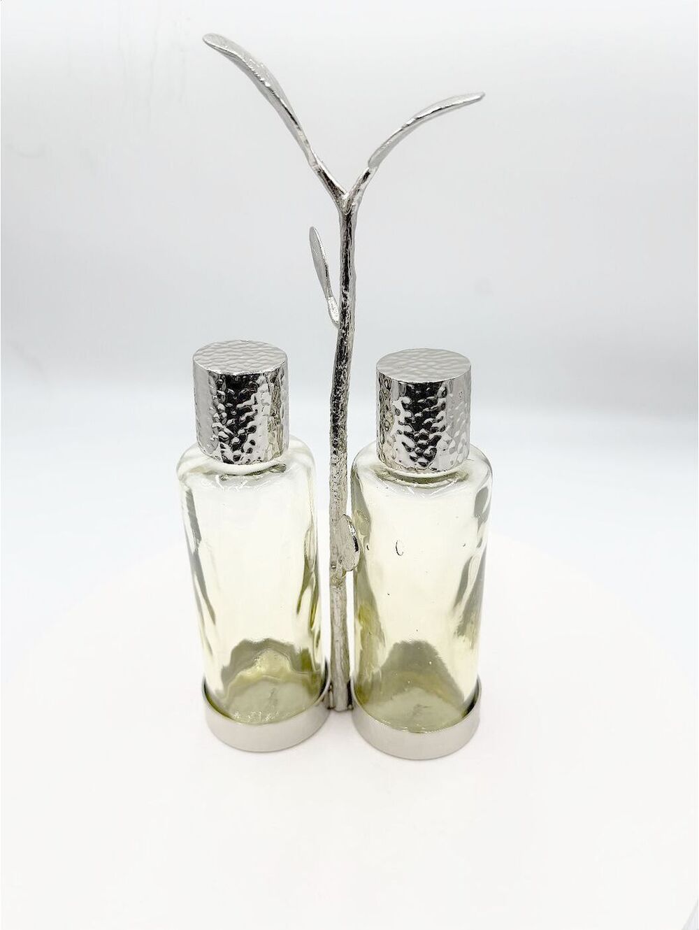 Michael Aram Olive Branch Silver Cruet Caddy Set Glass Oil Vinegar Dispensers